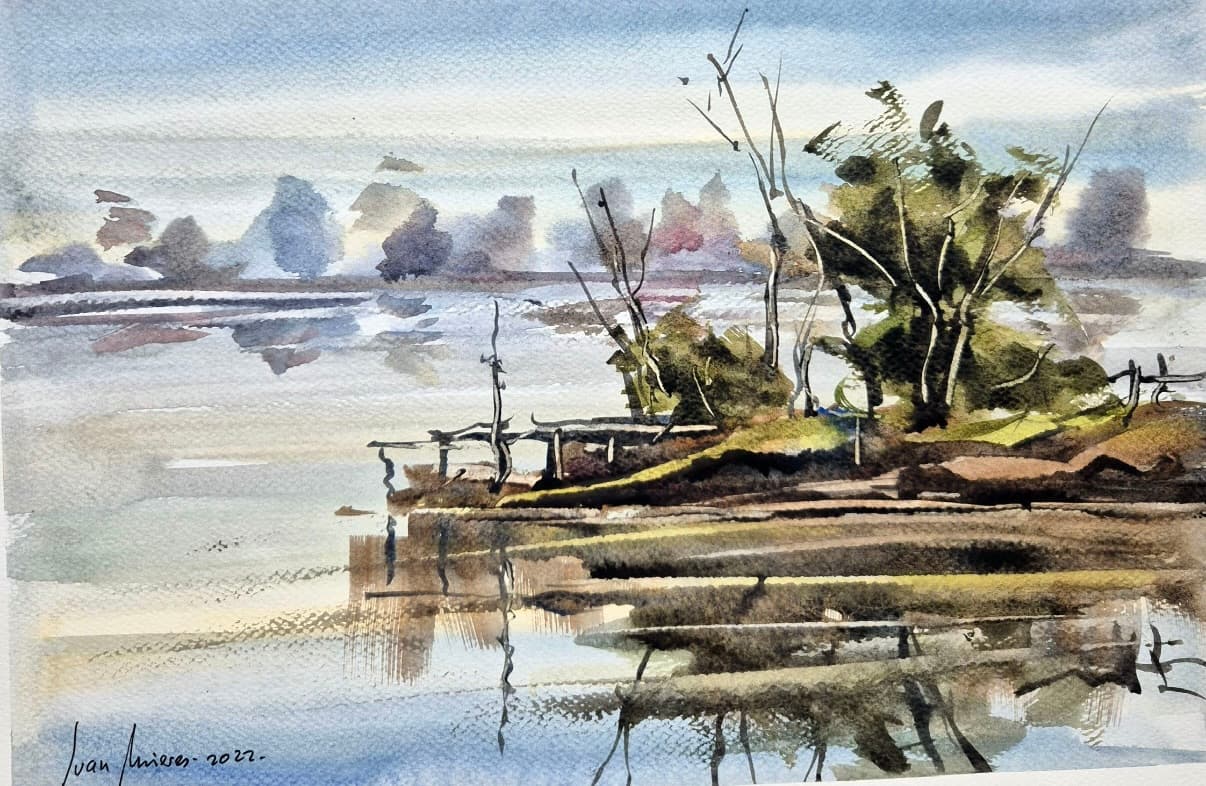 Watercolor on cold-pressed paper by Juan Mieres, titled Marsh island