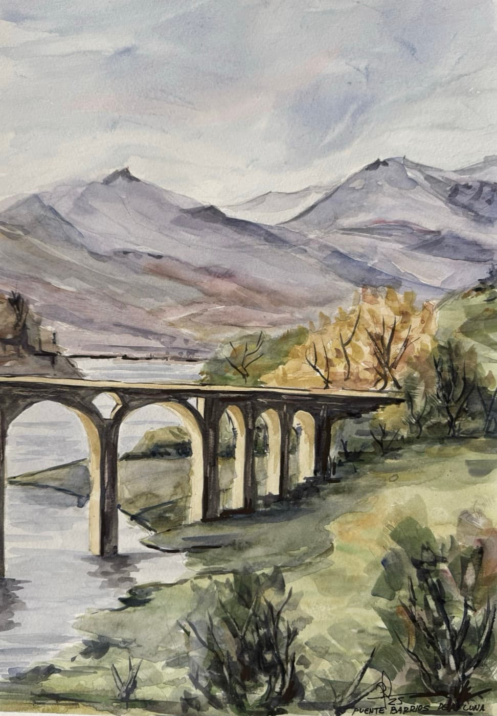 Watercolor on cold-pressed paper by Rafael Lozoya, titled Embalse de Barrios de Luna