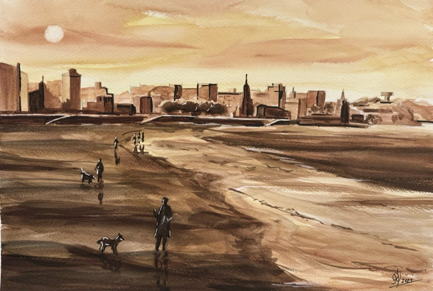 Watercolor on cold-pressed paper by Rafael Lozoya, titled Playa de San Lorenzo, Gijón