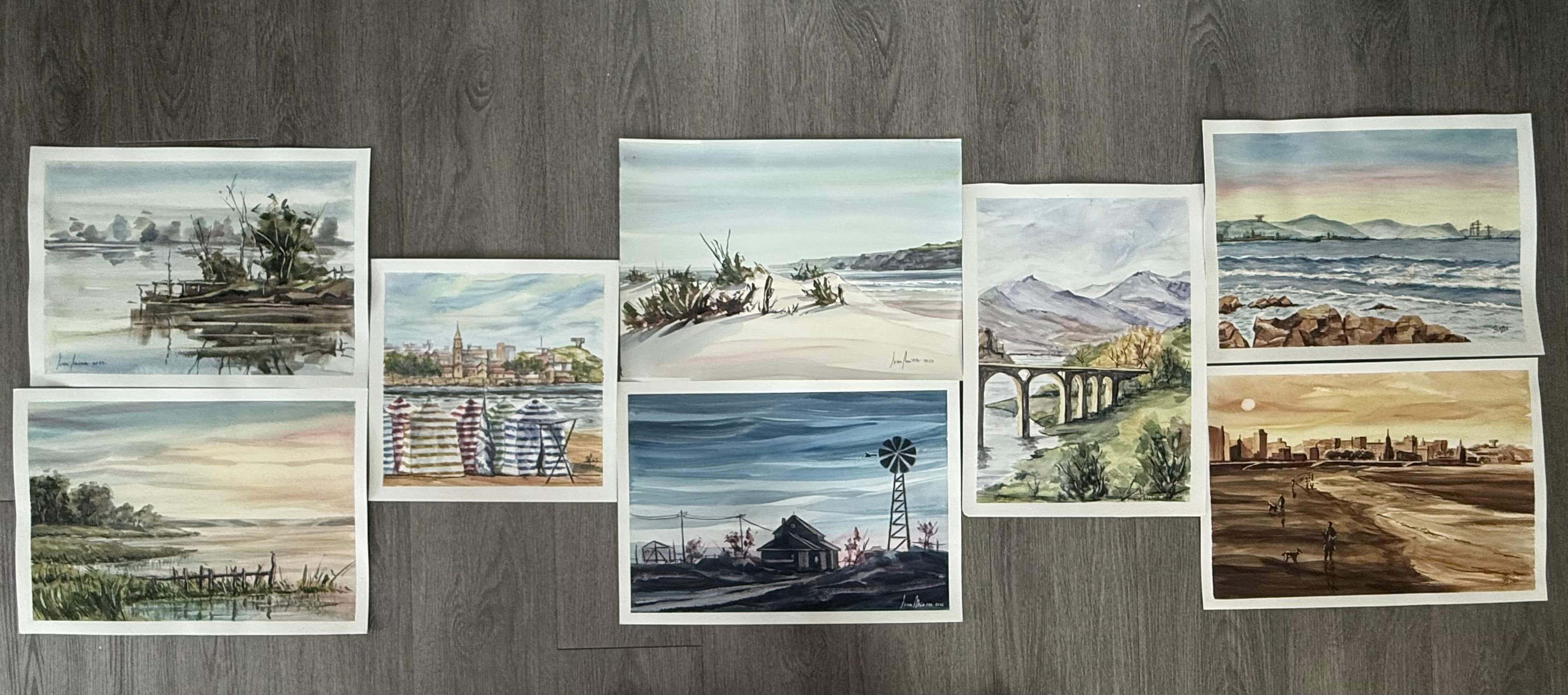 Original paintings by Juan Mieres and Rafael Lozoya, laid out in Charleston